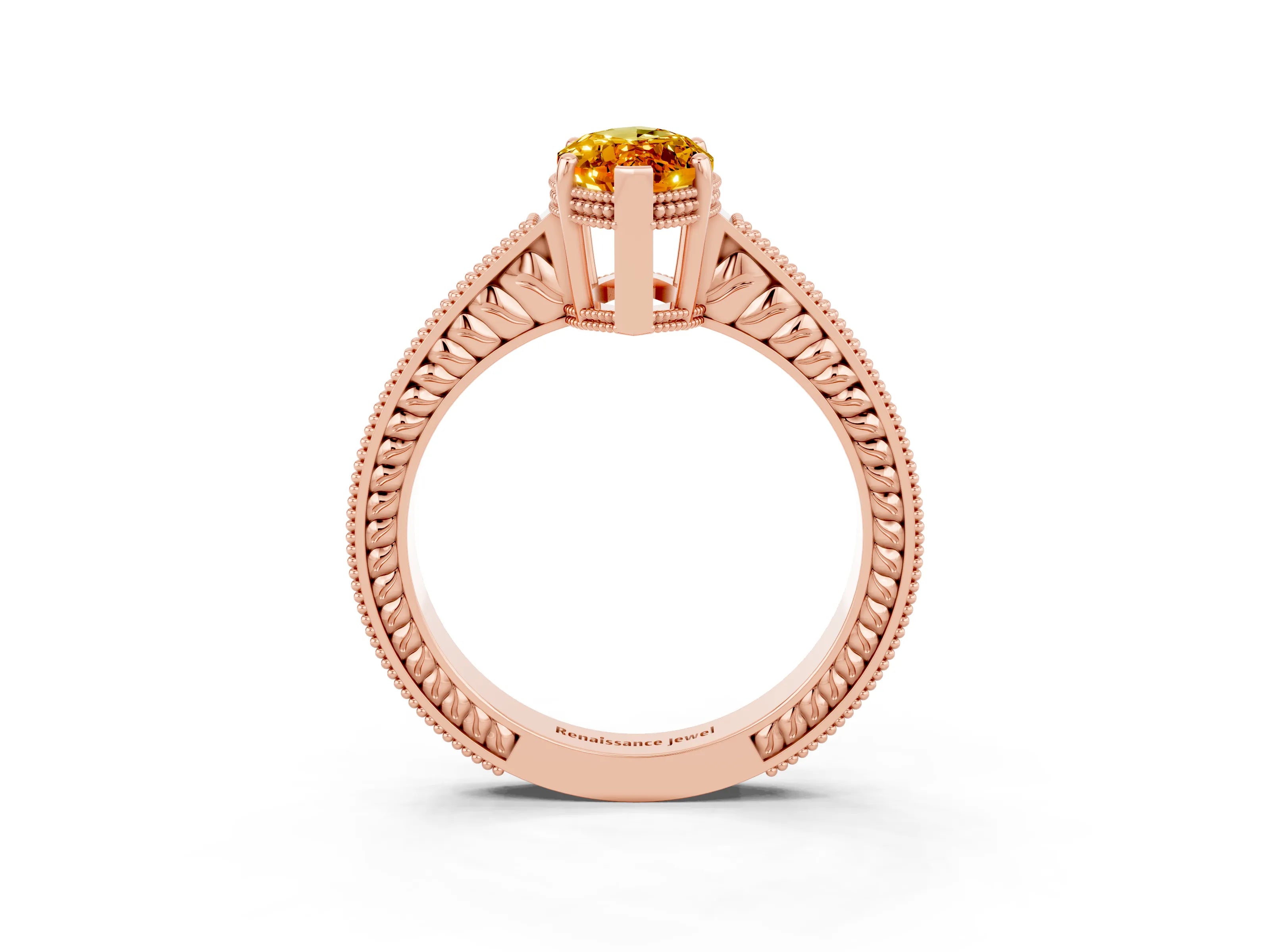 Rose gold Marquise Cut Citrine Ring with Milgrain Pavé Band and Four-Prong Setting_15
