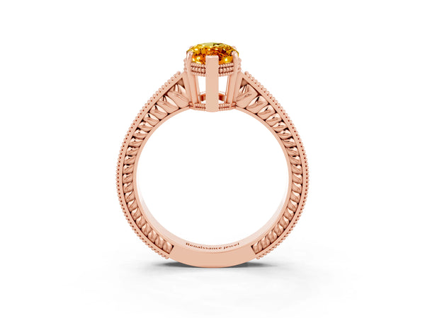 Rose gold Marquise Cut Citrine Ring with Milgrain Pavé Band and Four-Prong Setting