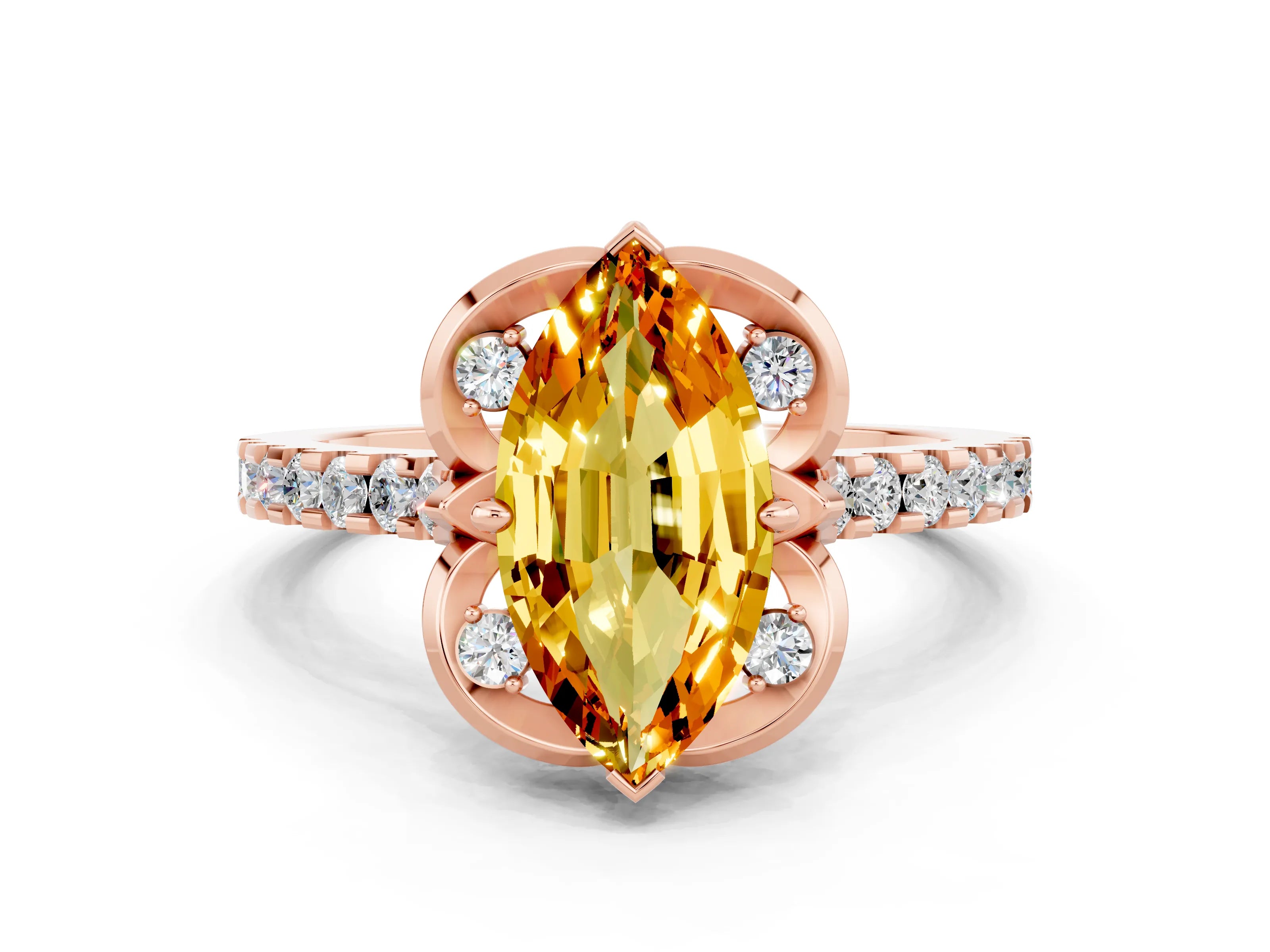Rose gold Marquise Cut Citrine Ring with Pavé Band and Floral Prong Setting