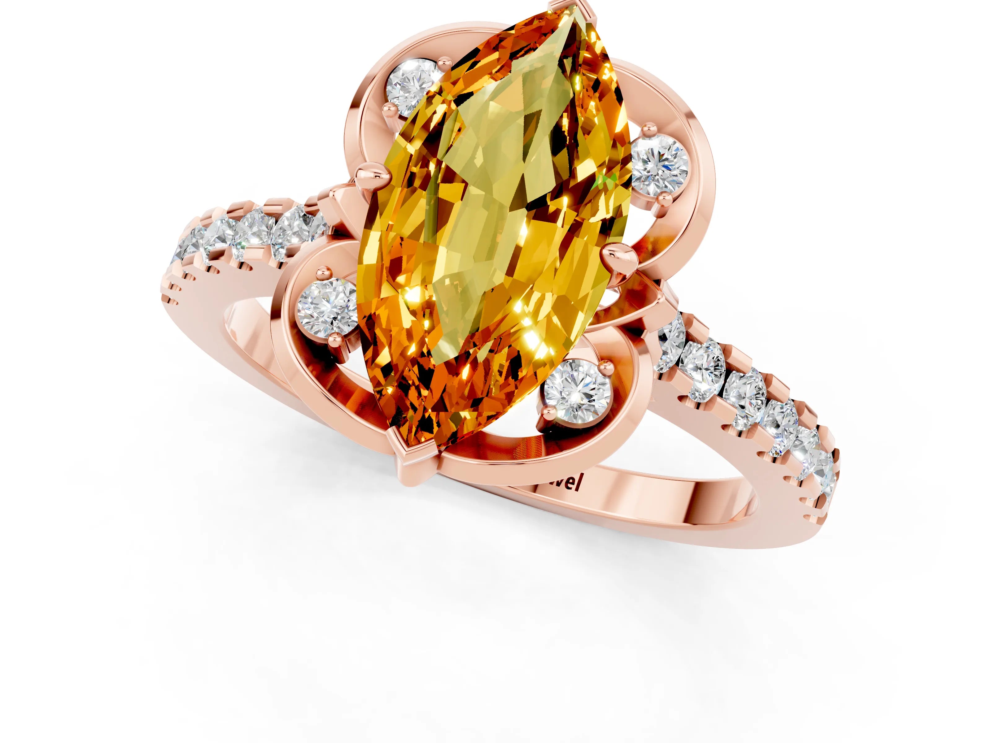 Rose gold Marquise Cut Citrine Ring with Pavé Band and Floral Prong Setting_1