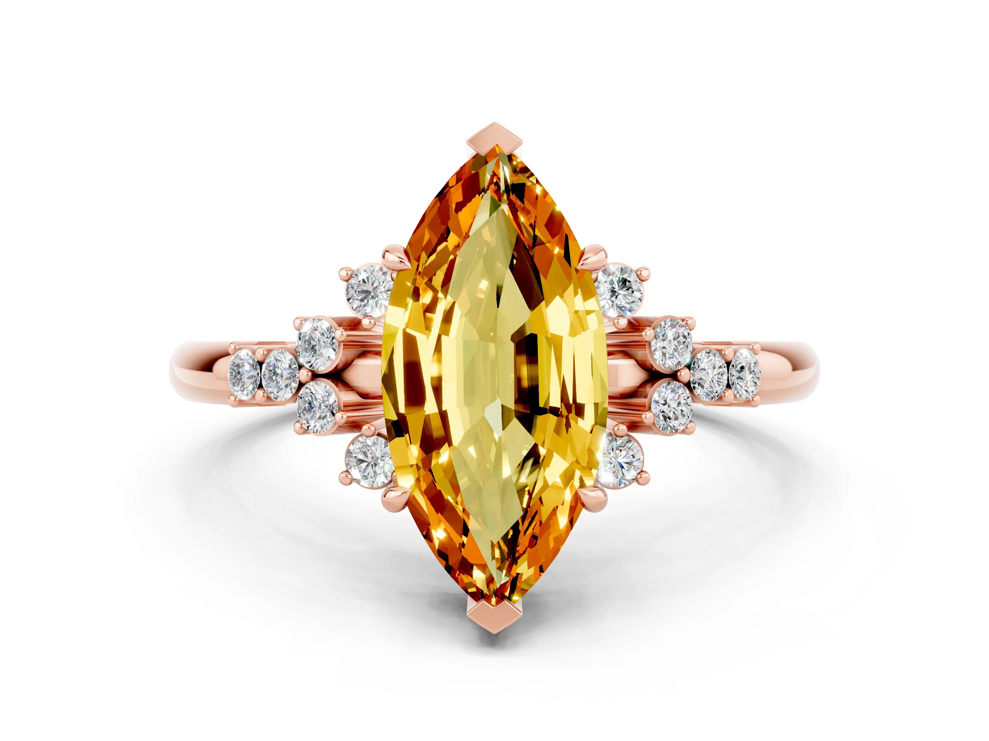 Rose gold Marquise Cut Citrine Ring with Side Stones and Four-Prong Setting_36