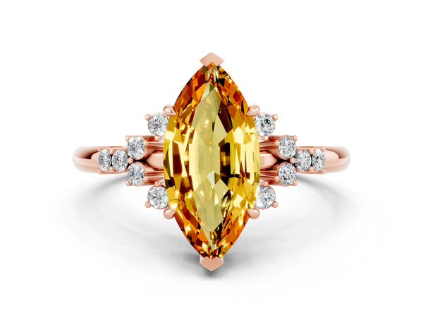 Rose gold Marquise Cut Citrine Ring with Side Stones and Four-Prong Setting