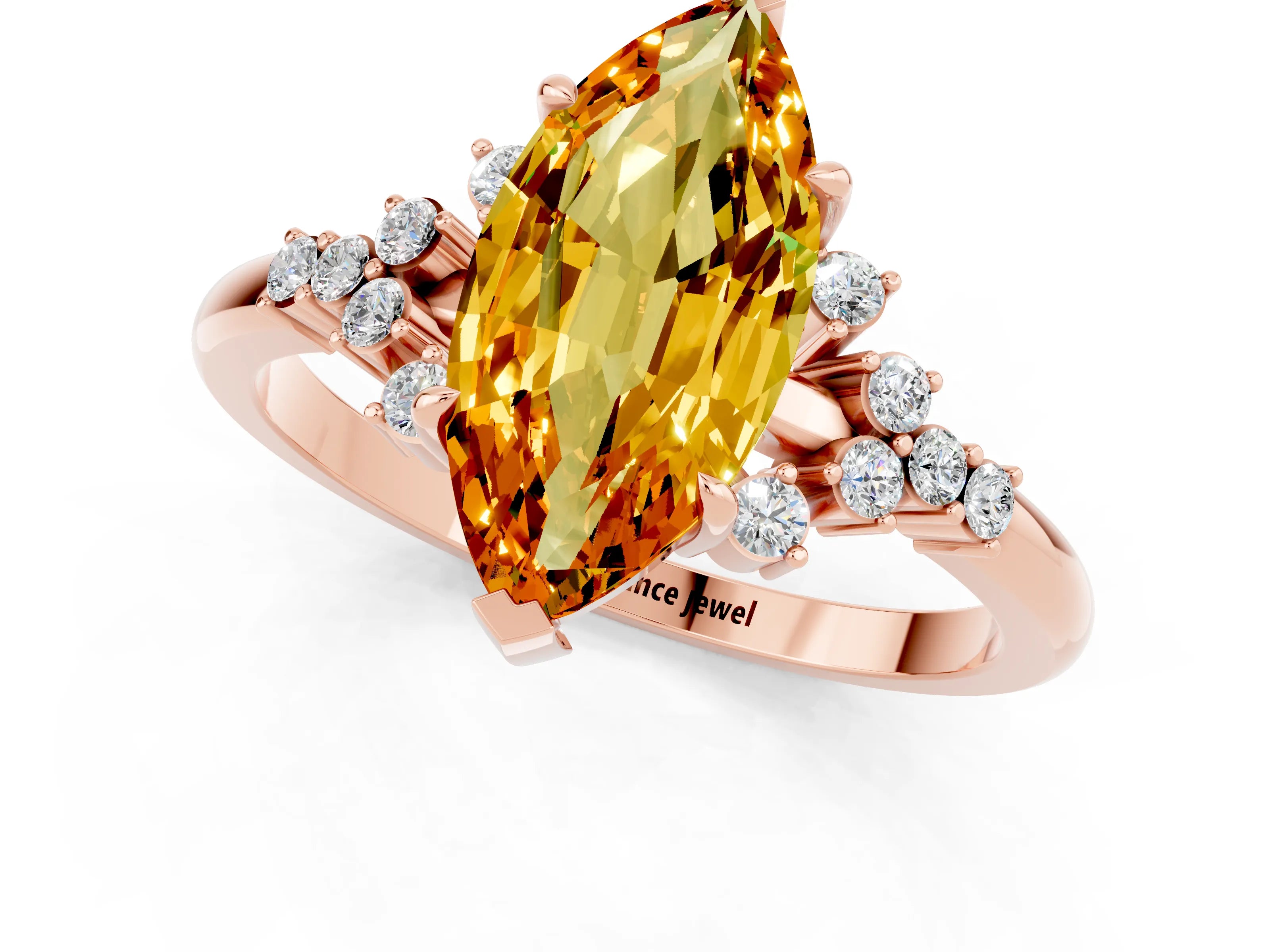Rose gold Marquise Cut Citrine Ring with Side Stones and Four-Prong Setting_37