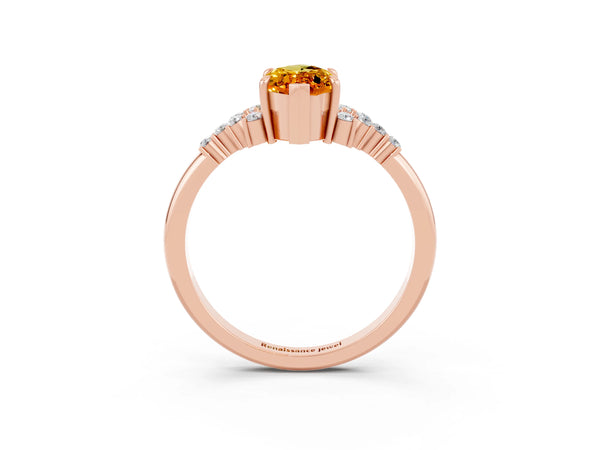 Rose gold Marquise Cut Citrine Ring with Side Stones and Four-Prong Setting