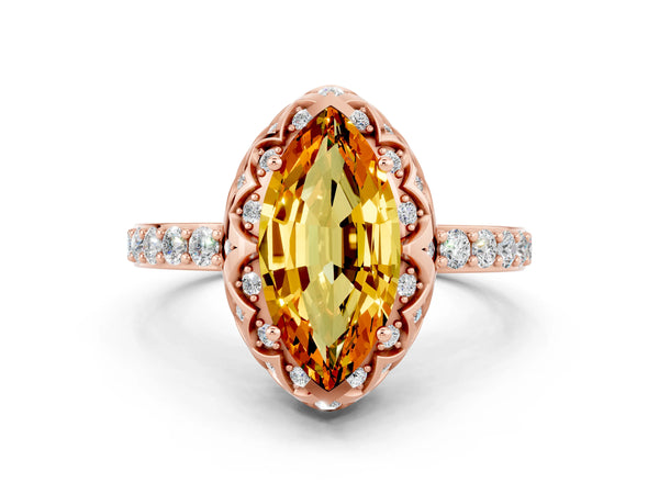 Rose gold Marquise Cut Citrine Scalloped Halo Engagement Ring with Round Shared Prong Band