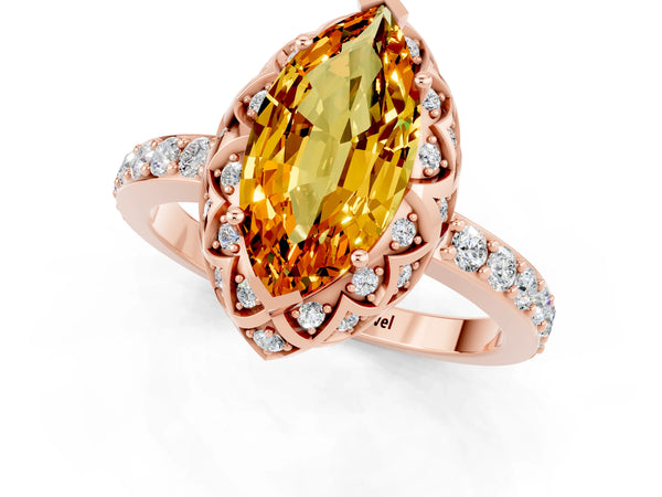 Rose gold Marquise Cut Citrine Scalloped Halo Engagement Ring with Round Shared Prong Band