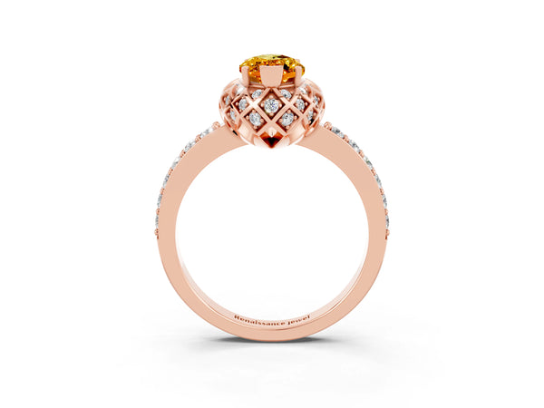 Rose gold Marquise Cut Citrine Scalloped Halo Engagement Ring with Round Shared Prong Band