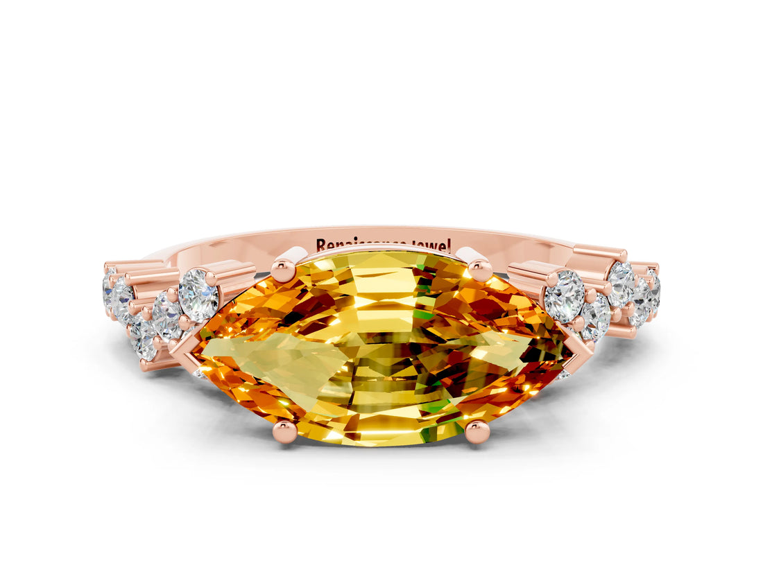 Rose gold Marquise Cut Citrine Scattered Round Accent Ring with Prong Setting_12