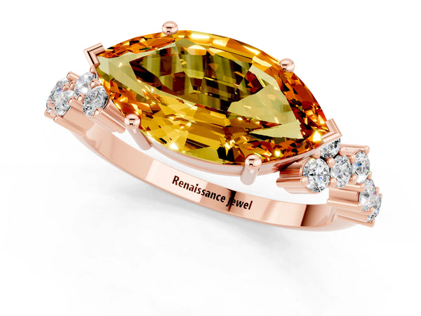 Rose gold Marquise Cut Citrine Scattered Round Accent Ring with Prong Setting