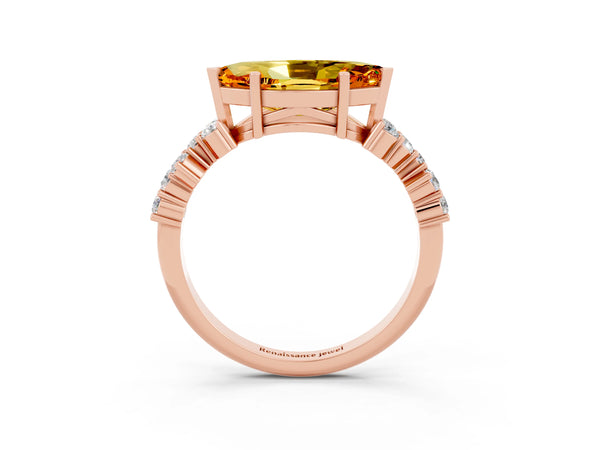 Rose gold Marquise Cut Citrine Scattered Round Accent Ring with Prong Setting