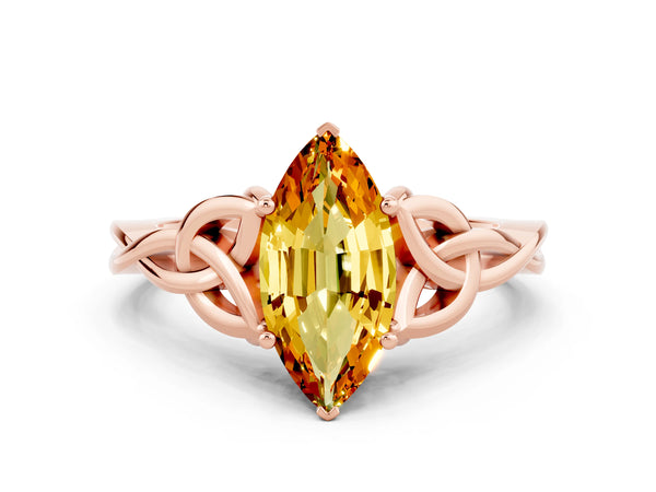 Rose gold Marquise Cut Citrine Solitaire Celtic Knot Ring with Four-Prong Setting