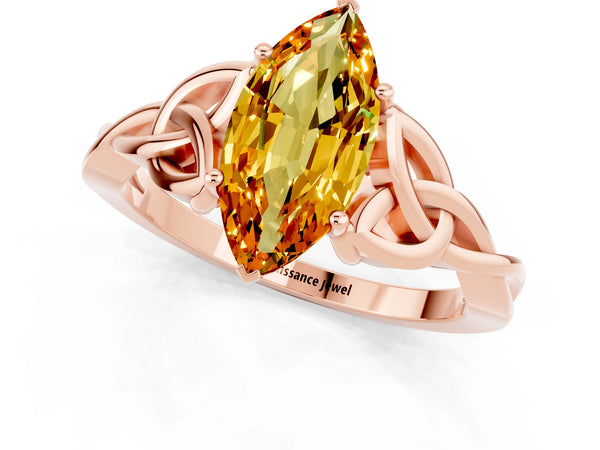 Rose gold Marquise Cut Citrine Solitaire Celtic Knot Ring with Four-Prong Setting