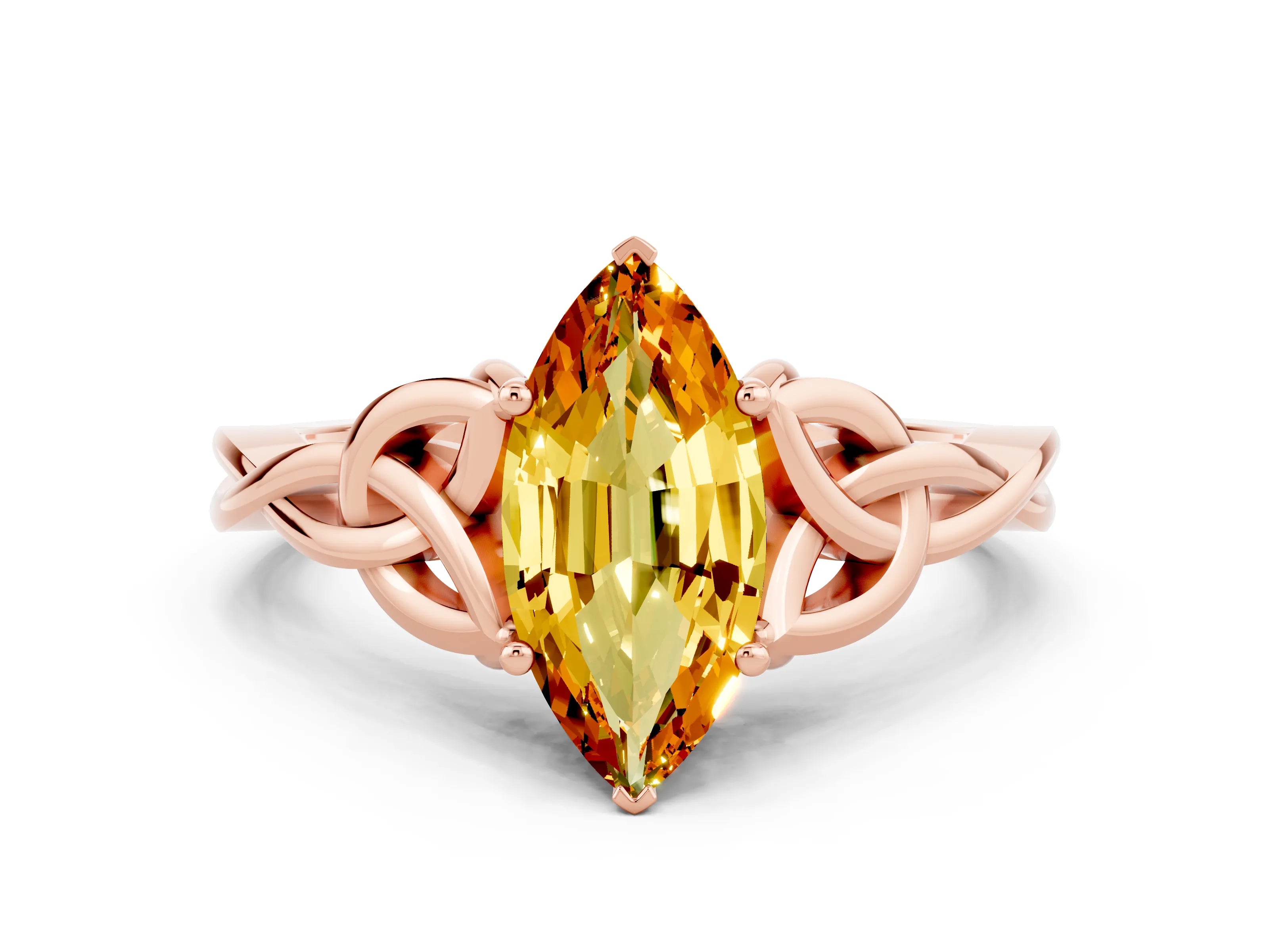 Rose gold Marquise Cut Citrine Solitaire Engagement Ring with Celtic Knot Band and Four-Prong Setting