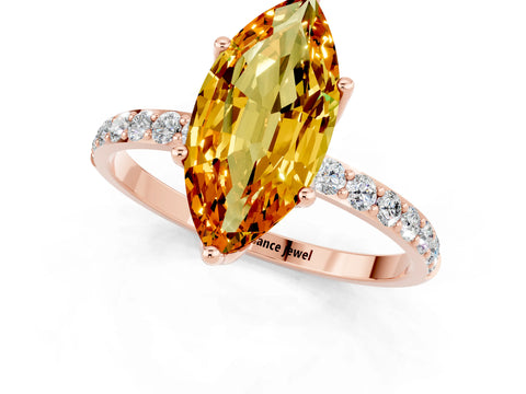 Rose gold Marquise Cut Citrine Solitaire Engagement Ring with Pavé Band and Prong Setting_1