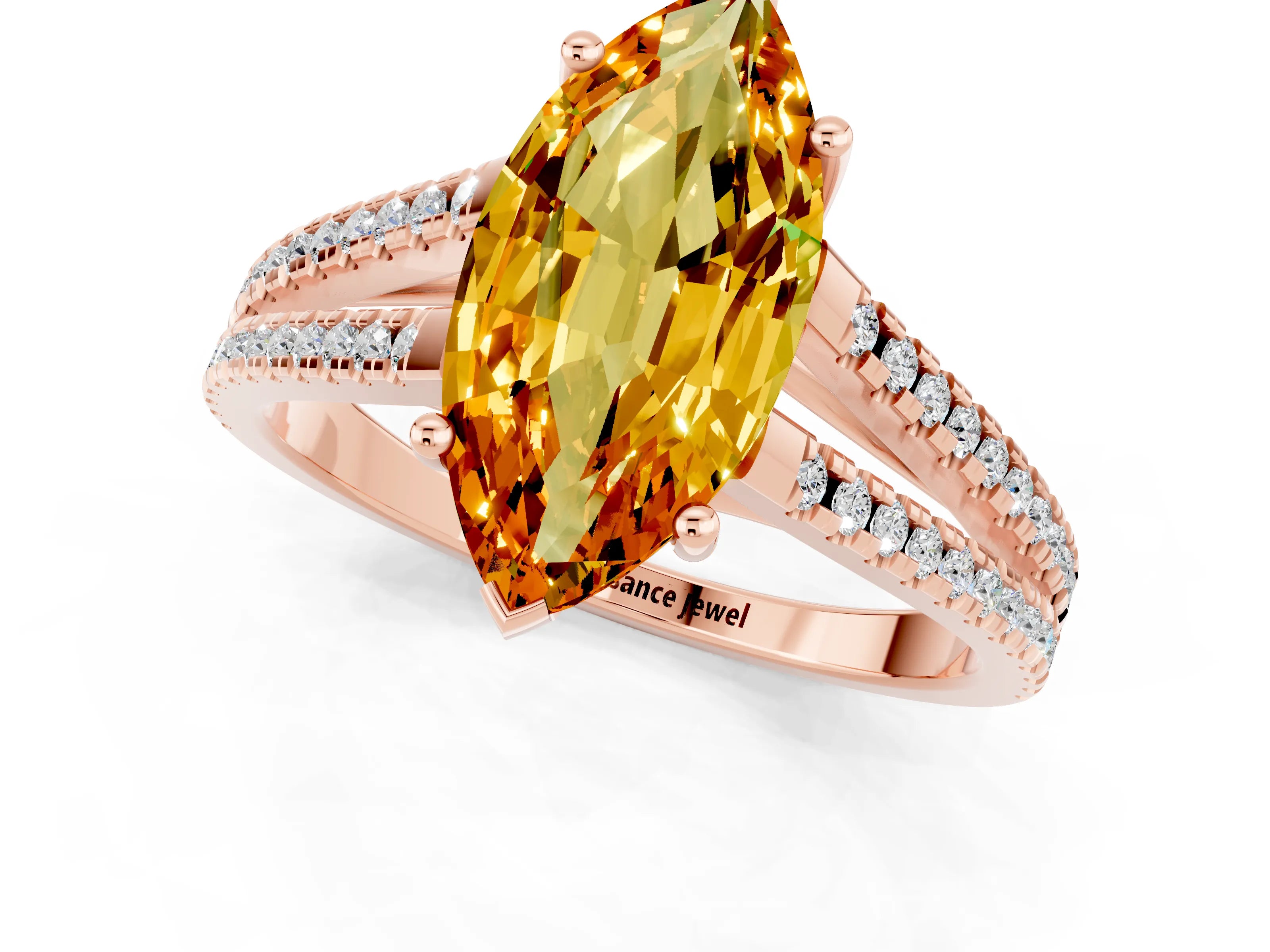 Rose gold Marquise Cut Citrine Solitaire Engagement Ring with Split Shank Pavé Band_1