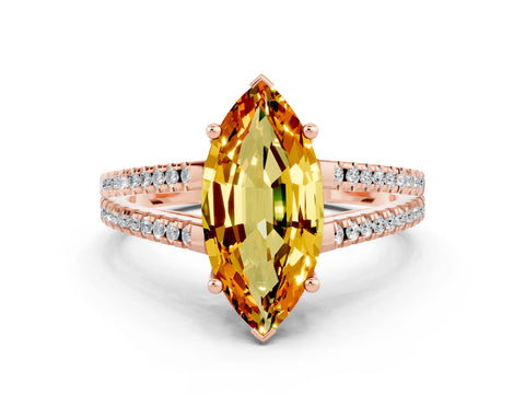 Rose gold Marquise Cut Citrine Solitaire Engagement Ring with Split Shank Pavé Band