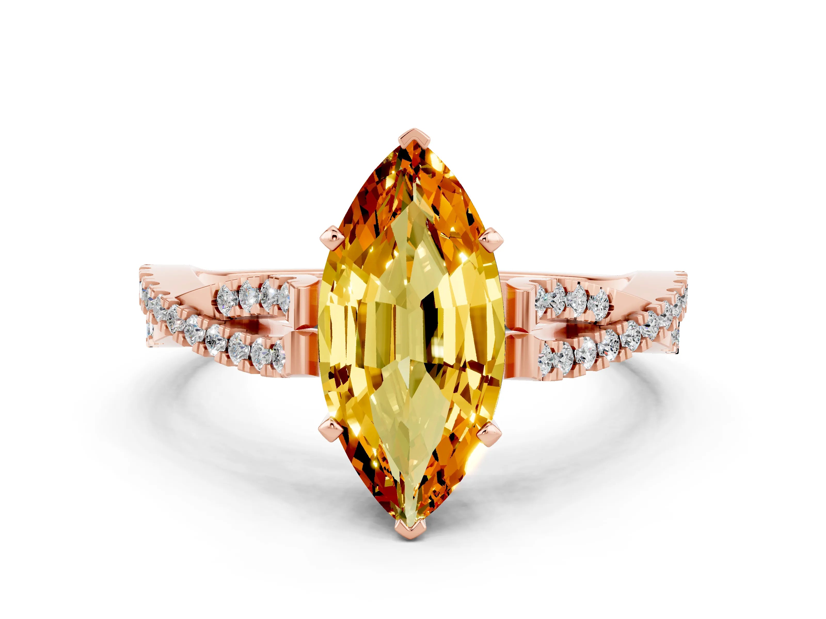 Rose gold Marquise Cut Citrine Solitaire Engagement Ring with Twisted Pavé Band and Four-Prong Setting