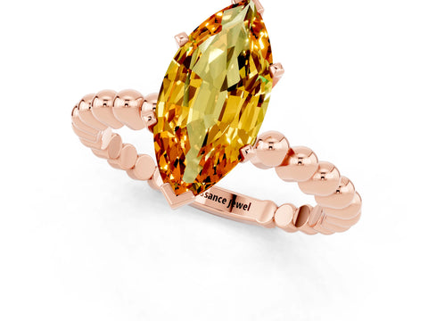 Rose gold Marquise Cut Citrine Solitaire Ring with Beaded Band and Prong Setting_1