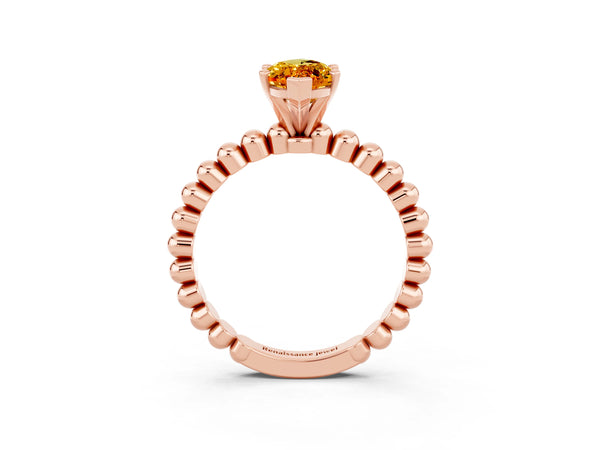 Rose gold Marquise Cut Citrine Solitaire Ring with Beaded Band and Prong Setting