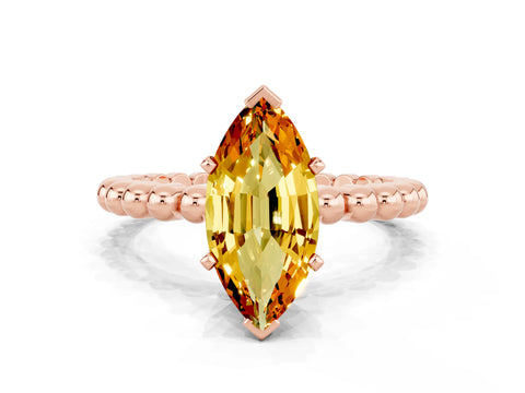 Rose gold Marquise Cut Citrine Solitaire Ring with Beaded Band and Prong Setting