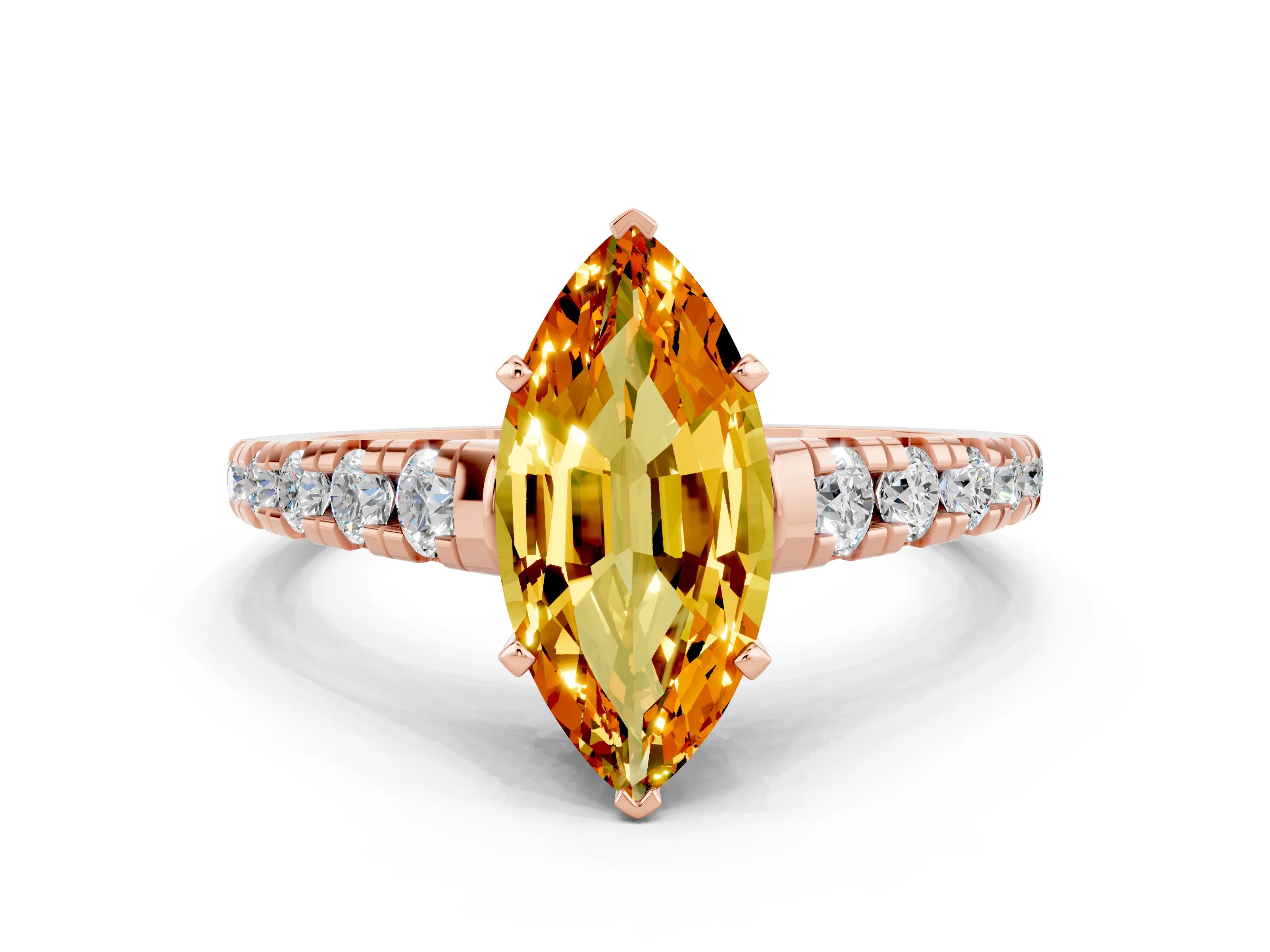 Rose gold Marquise Cut Citrine Solitaire Ring with Cathedral Setting and Pavé Band