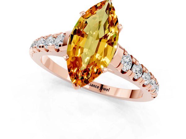Rose gold Marquise Cut Citrine Cathedral Solitaire Ring with Round  Pavé Band