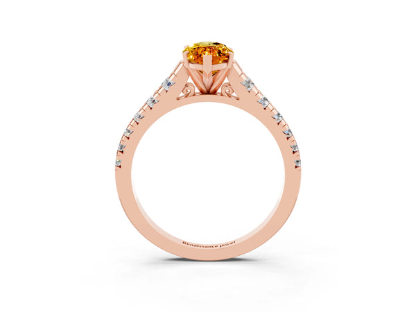 Rose gold Marquise Cut Citrine Cathedral Solitaire Ring with Round  Pavé Band