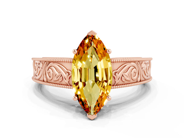 Rose gold Marquise Cut Citrine Solitaire Ring with Engraved Band and Four-Prong Setting