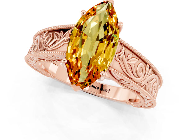 Rose gold Marquise Cut Citrine Solitaire Ring with Engraved Band and Four-Prong Setting