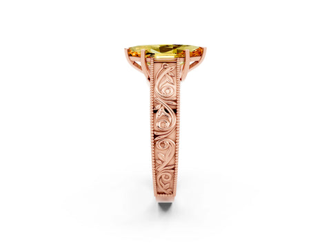 Rose gold Marquise Cut Citrine Solitaire Ring with Engraved Band and Four-Prong Setting_2