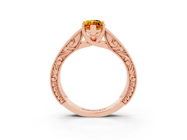 Rose gold Marquise Cut Citrine Solitaire Ring with Engraved Band and Four-Prong Setting