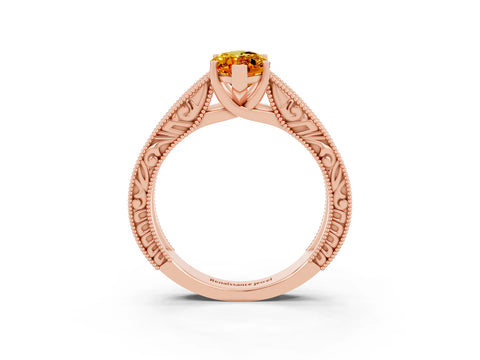 Rose gold Marquise Cut Citrine Solitaire Ring with Engraved Band and Four-Prong Setting_3