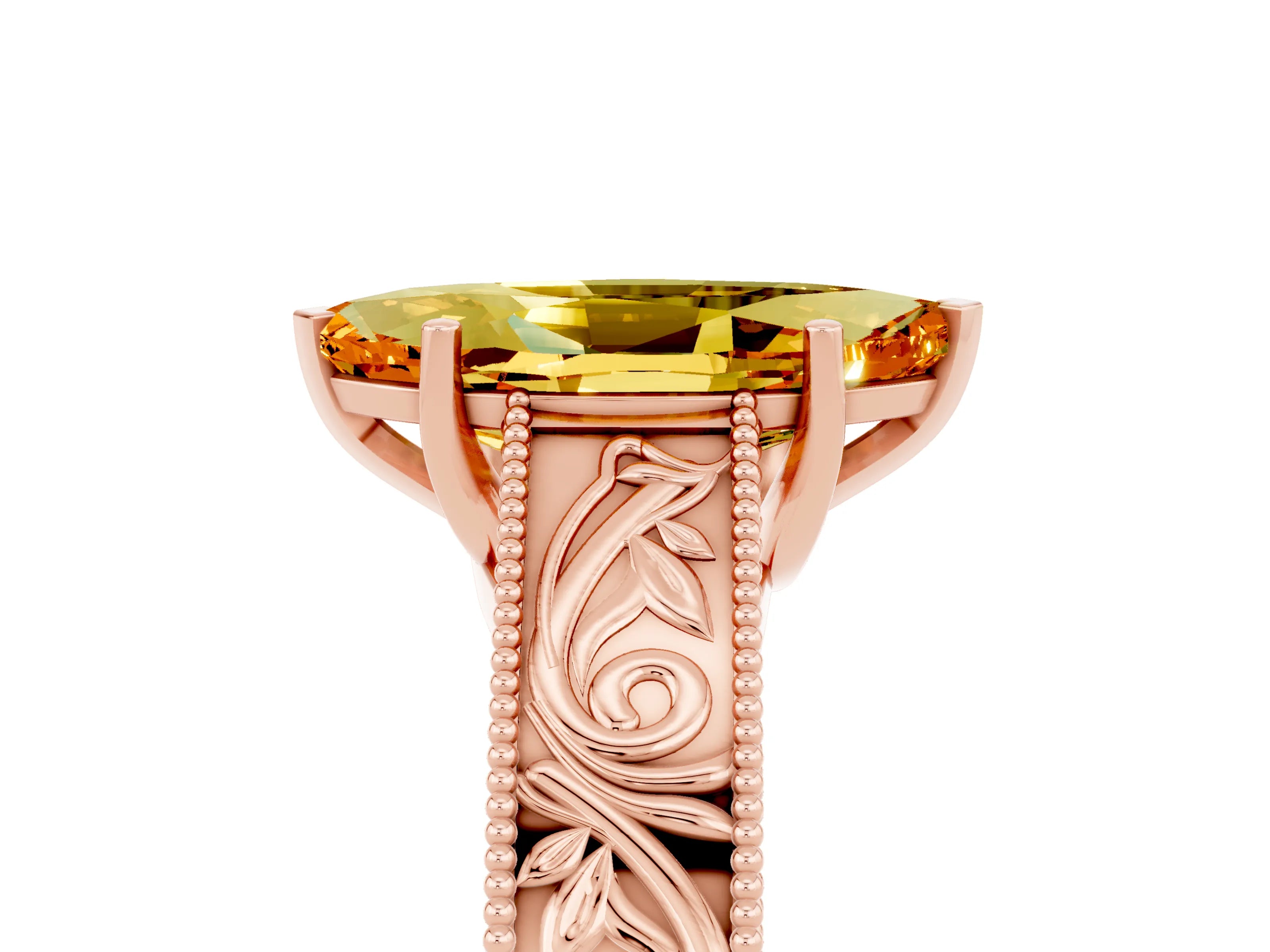 Rose gold Marquise Cut Citrine Solitaire Ring with Engraved Band and Four-Prong Setting_5