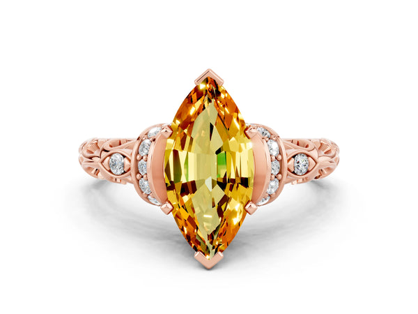 Rose gold Marquise Cut Citrine Solitaire Ring with Filigree Band and Four-Prong Setting