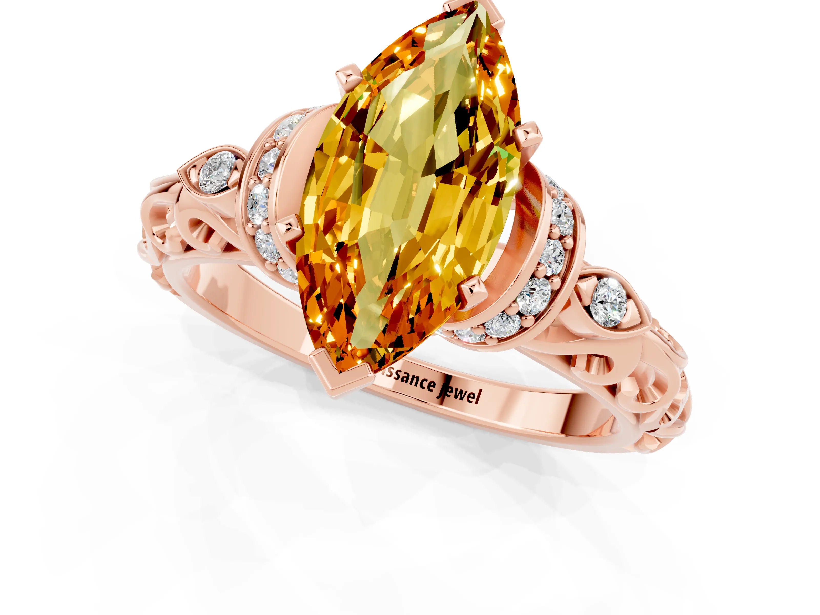 Rose gold Marquise Cut Citrine Solitaire Ring with Filigree Band and Four-Prong Setting_25