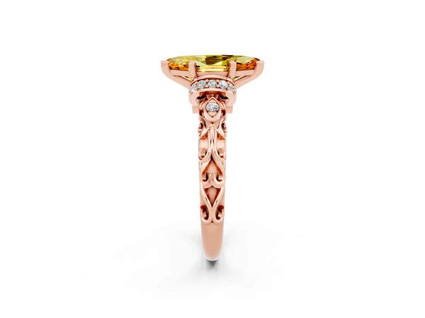 Rose gold Marquise Cut Citrine Solitaire Ring with Filigree Band and Four-Prong Setting