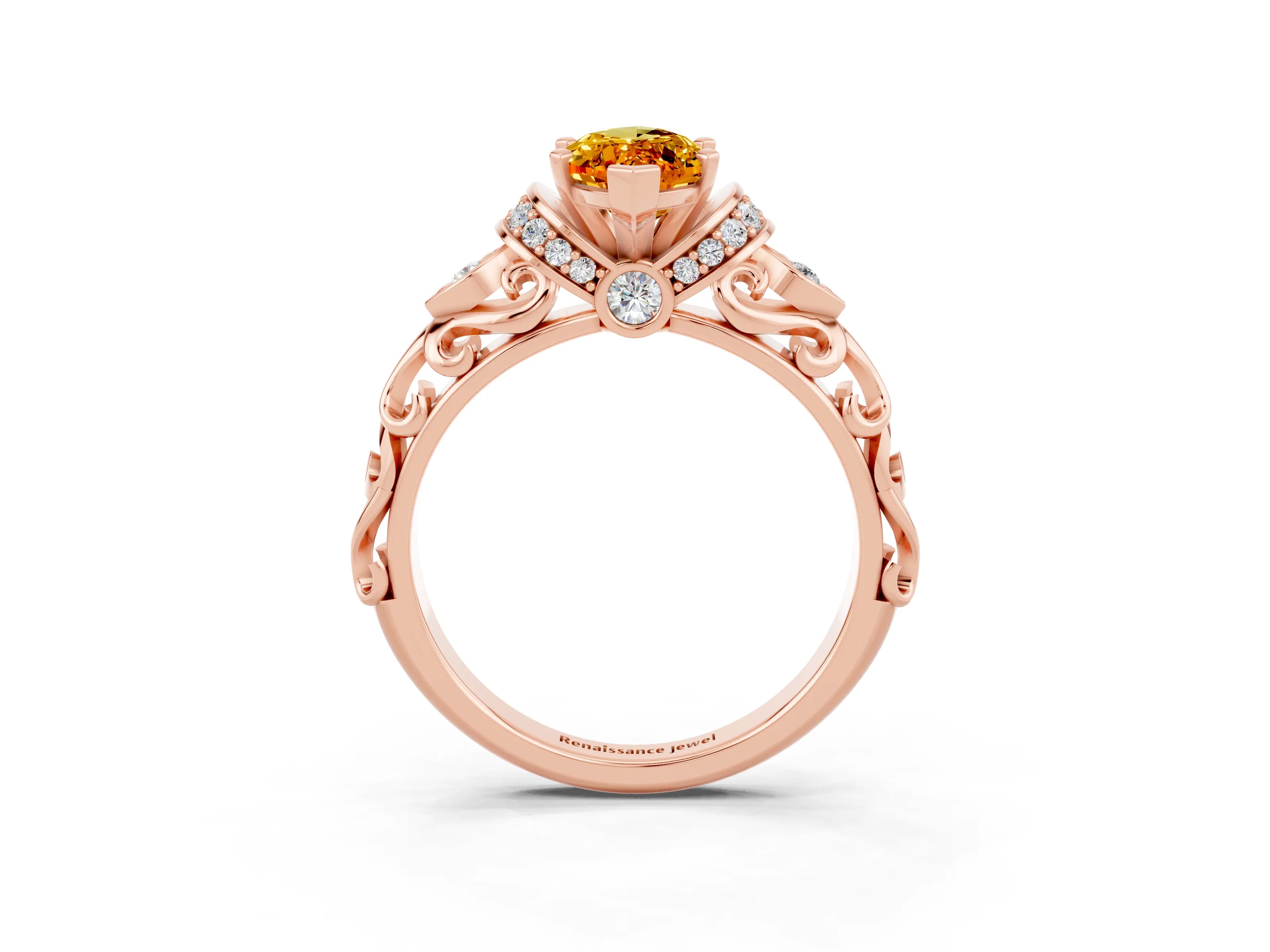 Rose gold Marquise Cut Citrine Solitaire Ring with Filigree Band and Four-Prong Setting_27