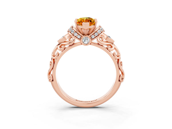 Rose gold Marquise Cut Citrine Solitaire Ring with Filigree Band and Four-Prong Setting