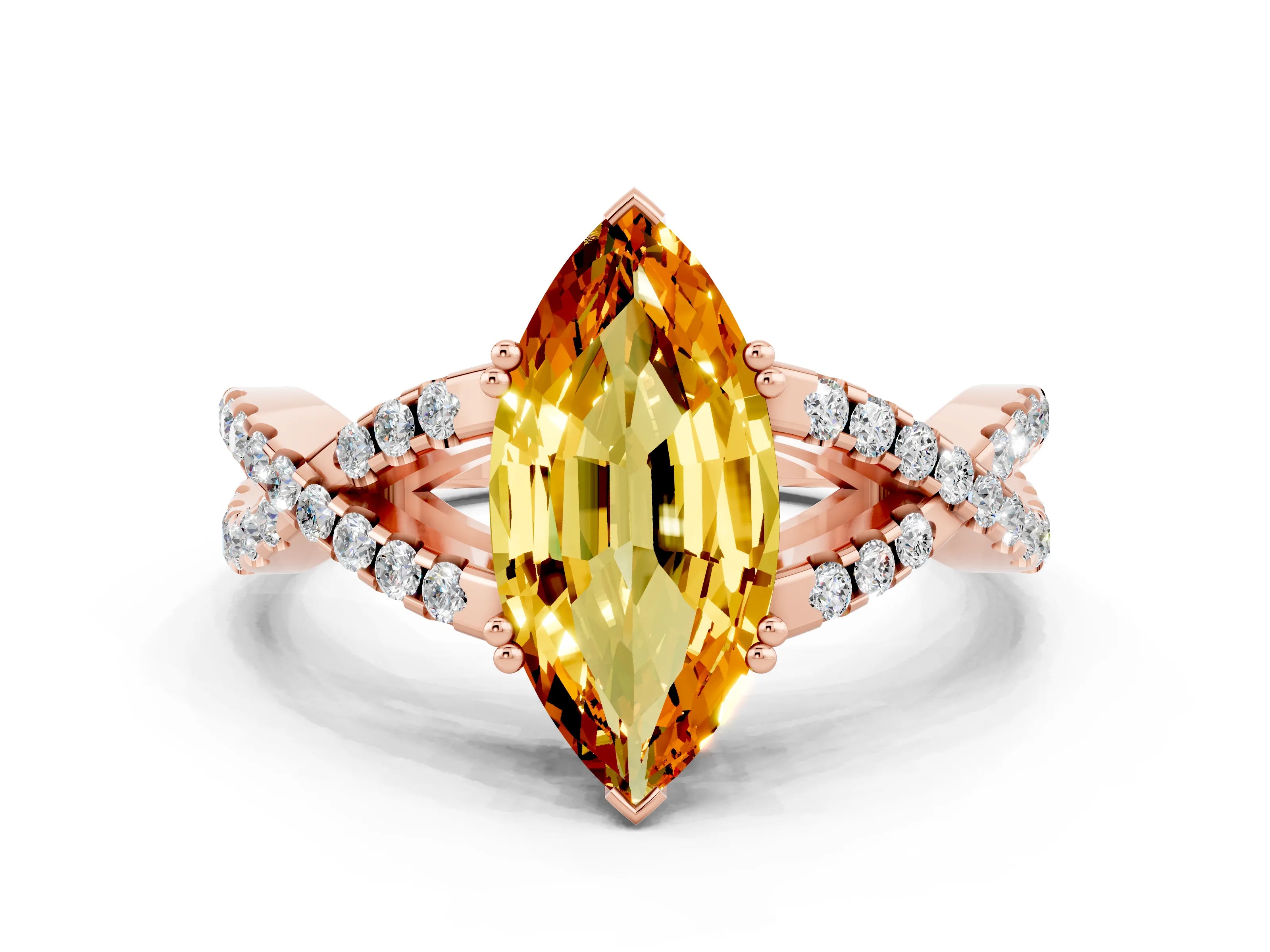 Rose gold Marquise Cut Citrine Solitaire Ring with Four-Prong Setting and Twisted Pavé Band