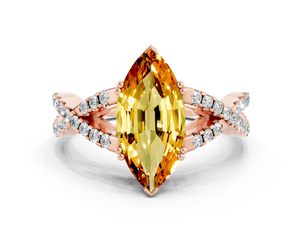 Rose gold Marquise Cut Citrine Solitaire Ring with Four-Prong Setting and Twisted Pavé Band