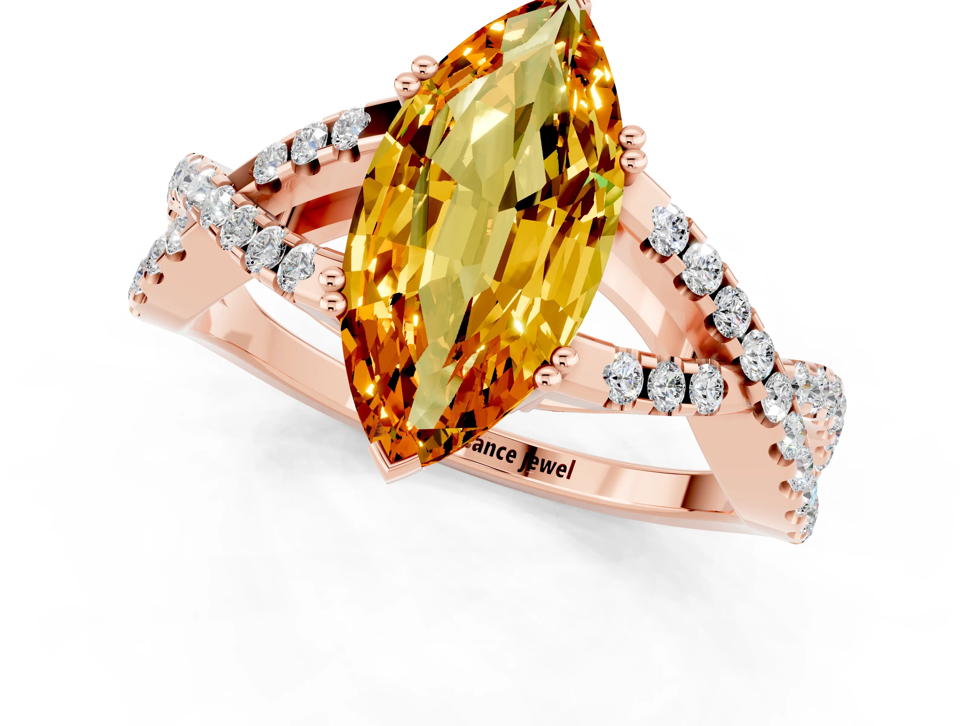 Rose gold Marquise Cut Citrine Solitaire Ring with Four-Prong Setting and Twisted Pavé Band_1