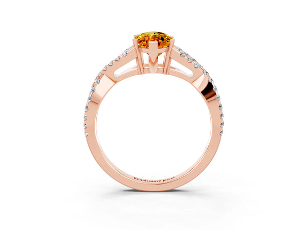 Rose gold Marquise Cut Citrine Solitaire Ring with Four-Prong Setting and Twisted Pavé Band