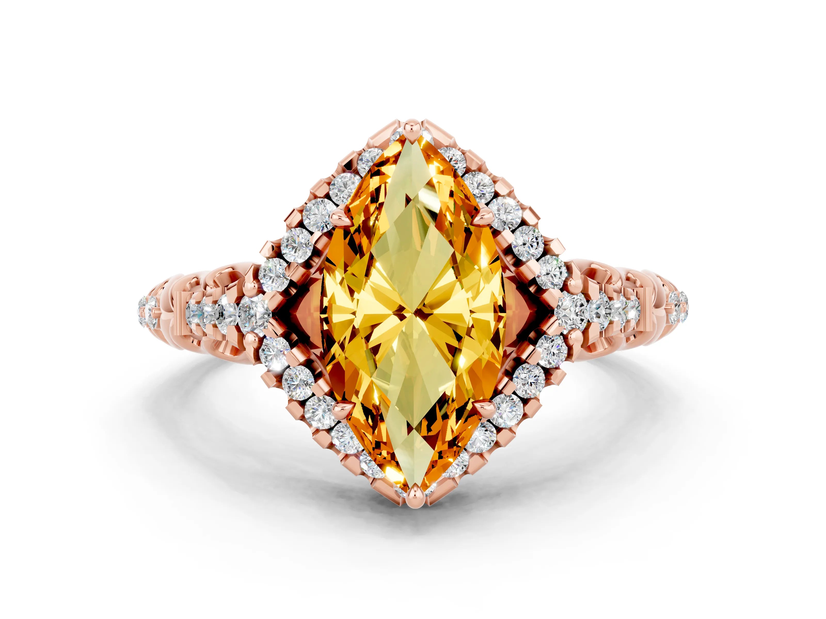 Rose gold Marquise Cut Citrine Solitaire Ring with Hidden Halo and Pavé Band_12
