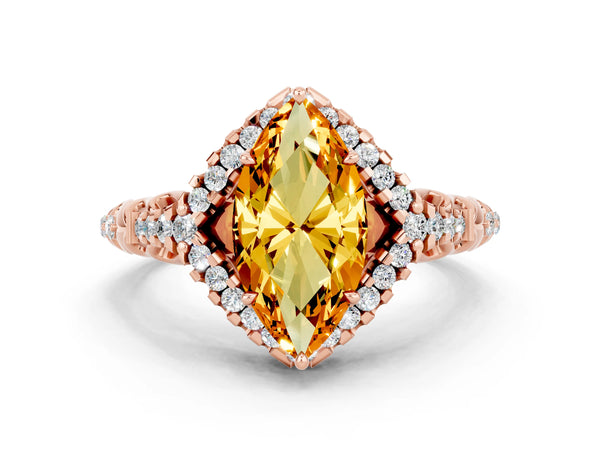 Rose gold Marquise Cut Citrine Solitaire Ring with Hidden Halo and Pavé Band