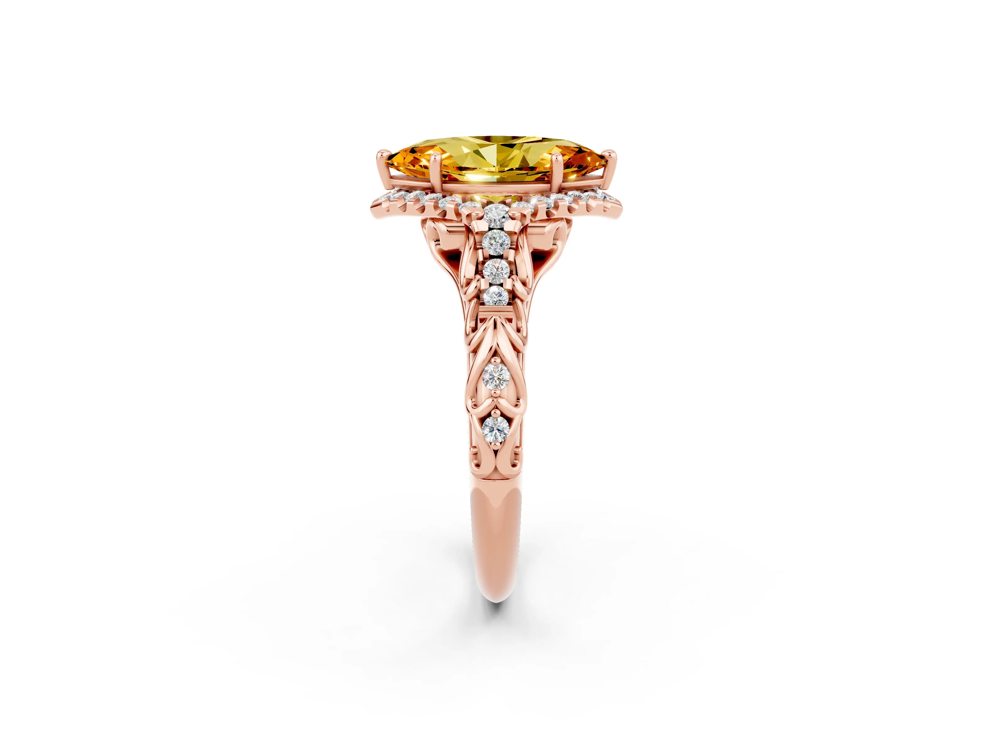 Rose gold Marquise Cut Citrine Solitaire Ring with Hidden Halo and Pavé Band_14