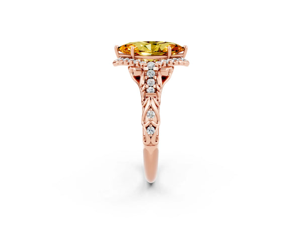 Rose gold Marquise Cut Citrine Solitaire Ring with Hidden Halo and Pavé Band
