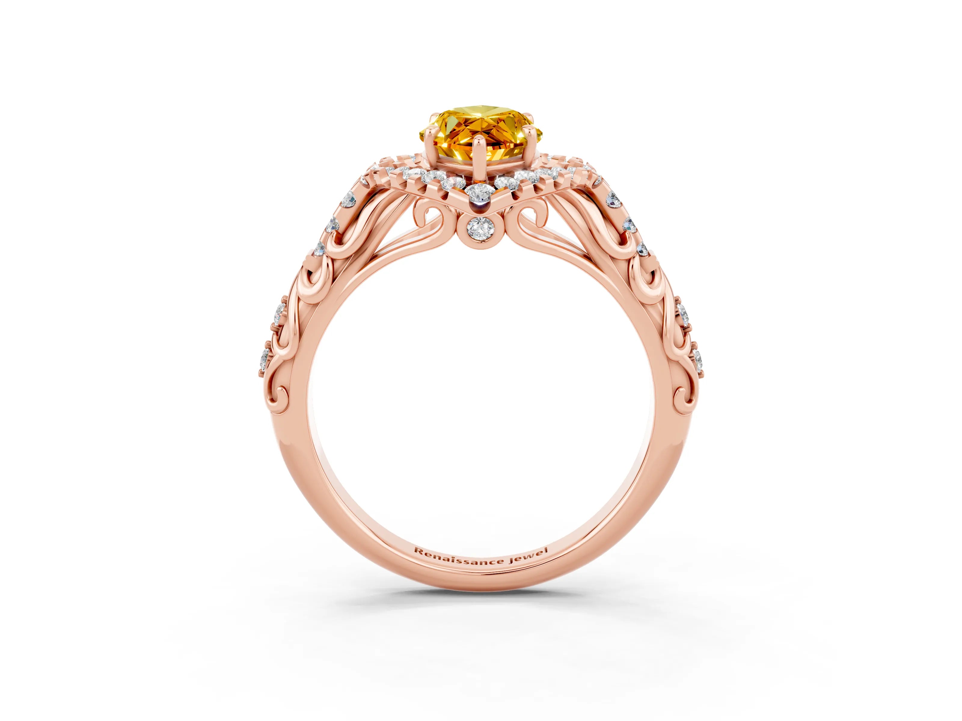 Rose gold Marquise Cut Citrine Solitaire Ring with Hidden Halo and Pavé Band_15