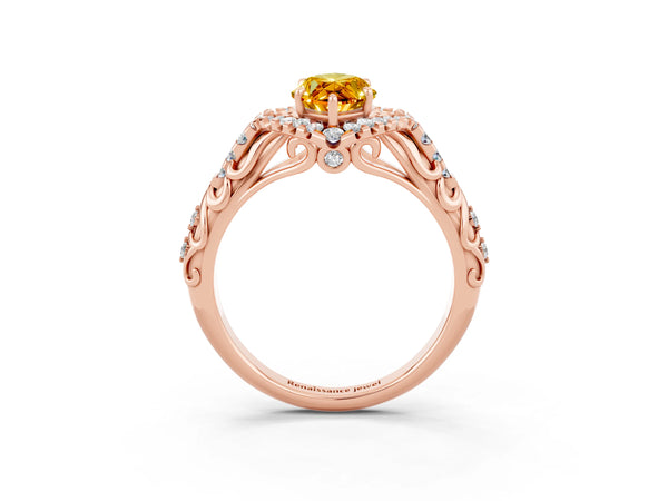 Rose gold Marquise Cut Citrine Solitaire Ring with Hidden Halo and Pavé Band