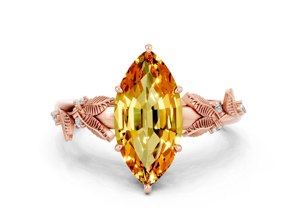 Rose gold Marquise Cut Citrine Solitaire Ring with Leaf Motif Band and Four-Prong Setting