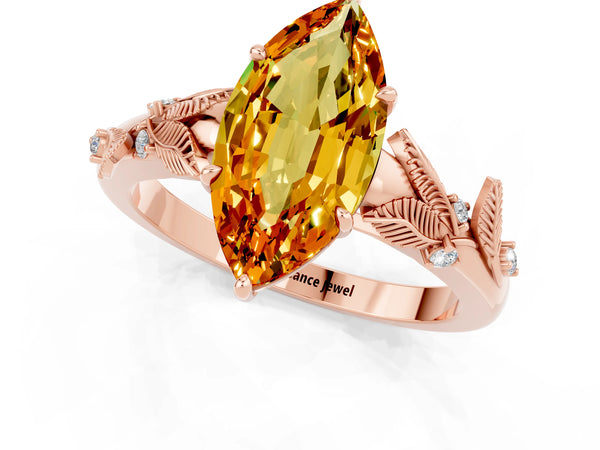 Rose gold Marquise Cut Citrine Solitaire Ring with Leaf Motif Band and Four-Prong Setting